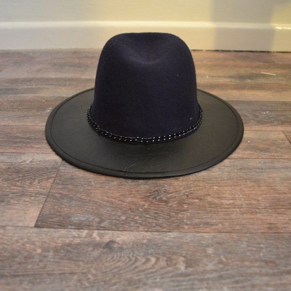 Wide Brimmed Wool & Faux Leather Fedora