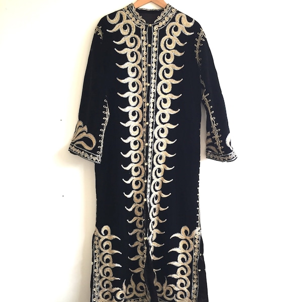 Vintage Long Black Velvet kaftan coat. Boho Coat With Gold Embroidery