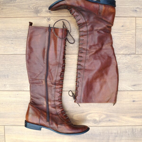 VINTAGE Knee High Tan Leather Lace Up Boots