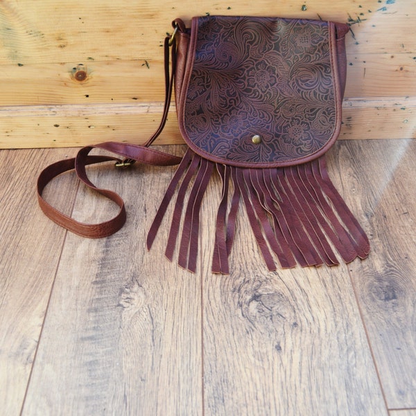 20% OFF SALE Brown Faux Leather Patterned Engraved Style Tasseled Bag