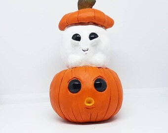 Ghost and Pumpkin Friends, Polymer Clay, Halloween,Handmade Clay Creature, Polymer Clay, OOAK Polymer Clay Figurine, Fantasy Creature