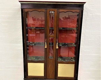 Edwardian Mahogany Inlaid Display Cabinet: Red & Gold Accents, Upcycled