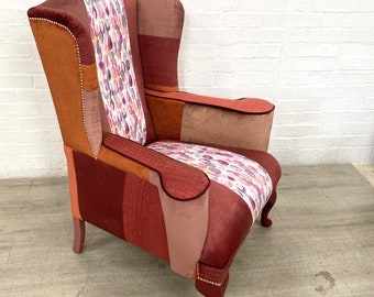 Supports Charity, Reupholstered Parker Knoll Wing Back Armchair In Pink Patchwork, Sustainable Home Decor