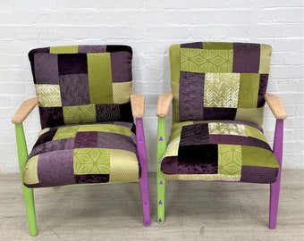 Supports Charity, Reupholstered Pair Of Parker Knoll Chairs In Velvet Patchwork, Sustainable Home Decor