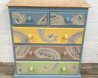 Supports Charity, Painted And Decoupage Solid Pine Chest Of Drawers