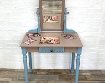 Dusty Pink And Blue Upcycled Vintage Dressing Table With Mirror, Supports Charity