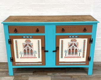 Hand Painted Vintage Carved Oak Sideboard, Supports Charity