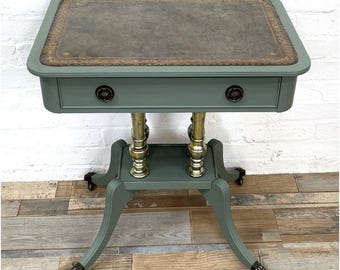 Green & Gold Sheraton Style Lamp Table: Upcycled Antique Reproduction