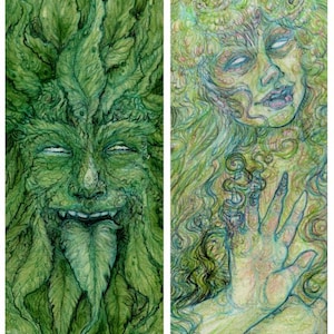 Puede incluir: Un par de ilustraciones verdes y blancas de un hombre verde y una mujer verde con cabello y rostros frondosos. El hombre verde tiene una boca ancha con dientes afilados y una larga lengua verde. La mujer verde tiene la boca cerrada y una mano extendida.