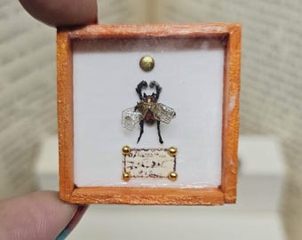 May include: A small, framed insect display. The orange frame surrounds a detailed insect specimen with delicate wings and a small label. The display is accented with gold-coloured embellishments, creating a unique, artistic piece.