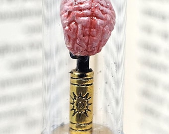 May include: A miniature brain model in a glass vial. The brain is a reddish-pink colour with visible grooves, and sits atop a gold-coloured base. The vial has a decorative metal cap.