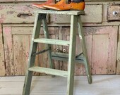 VIntage Antique Wood Step Ladder Stool Light Green paint primitive wood stool rustic country farmhouse