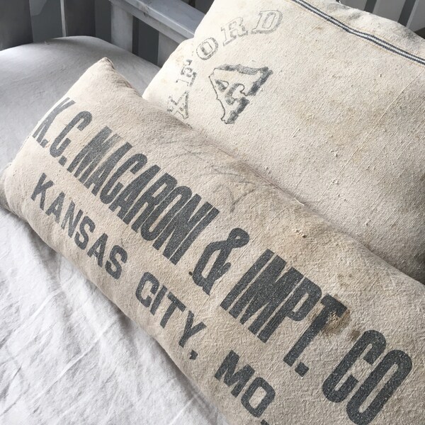 Vintage farmhouse pillow/ grain sack pillow/ seamless/ flour feed seed sack/ country/ antique/ primitive/ Kansas City, MO