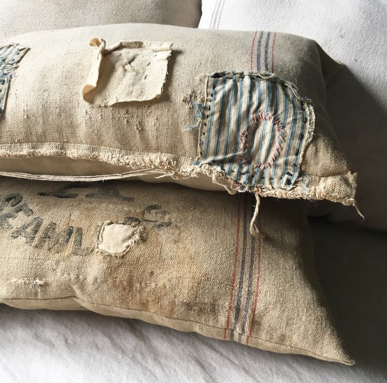 PAIR Vintage grain sack pillows/ farmhouse pillow/ worn Etsy