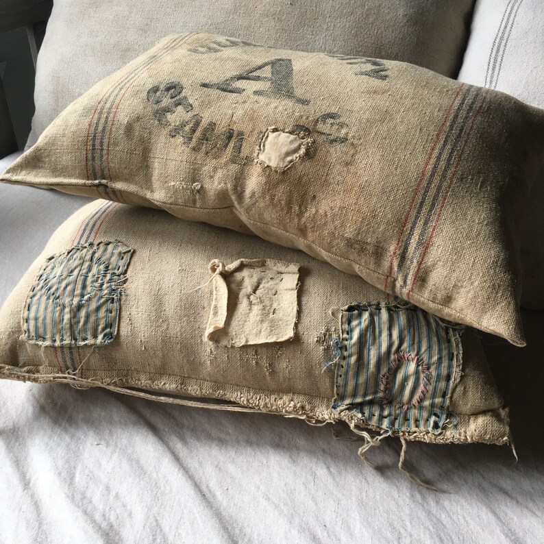 PAIR Vintage grain sack pillows/ farmhouse pillow/ worn Etsy