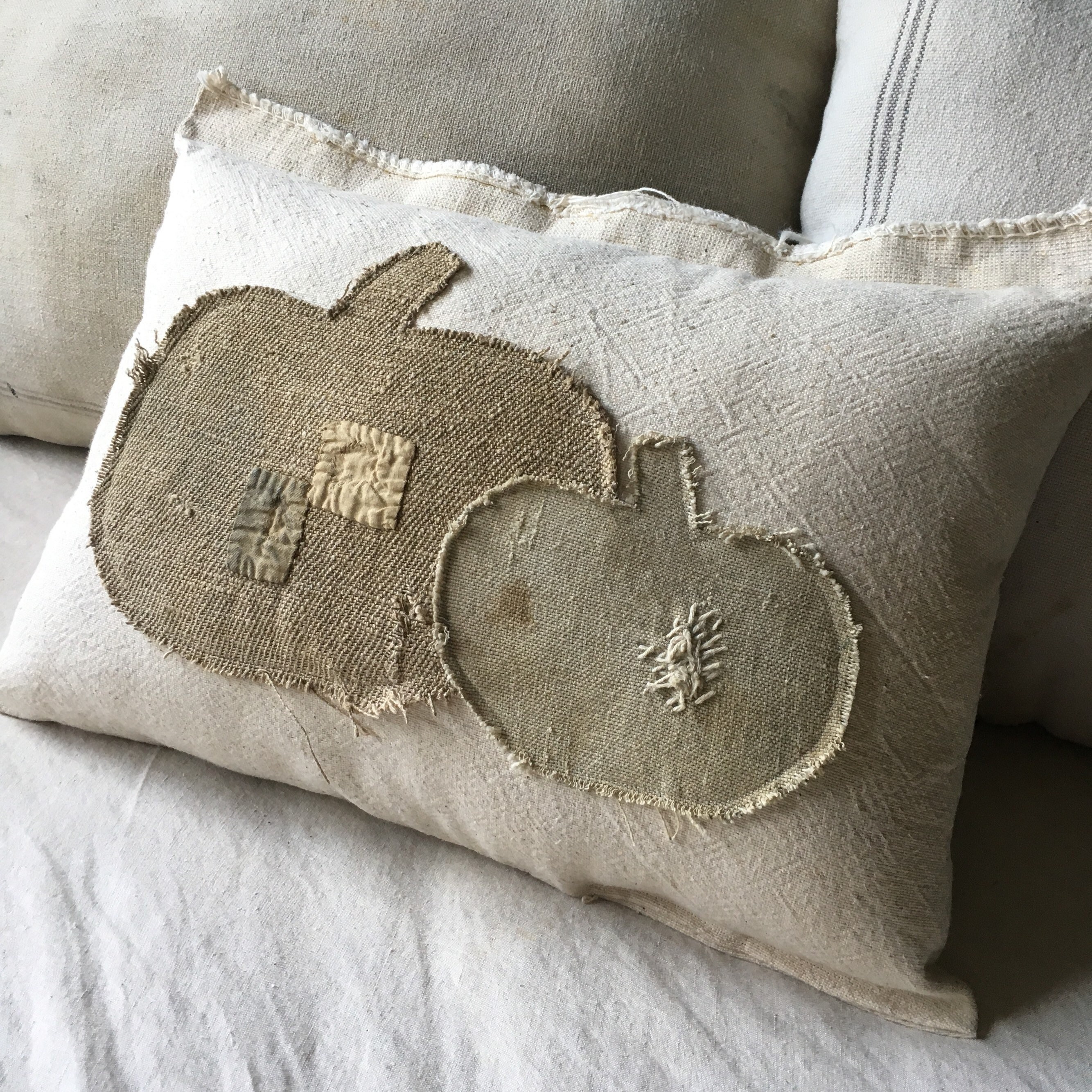 Farmhouse Fall Pillow/vintage grain sack pillow/ pumpkins/ Etsy