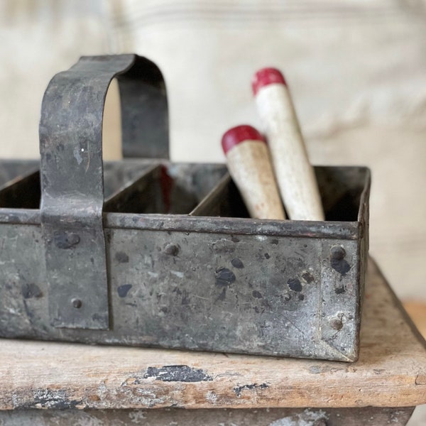 Antique small galvanized metal caddy/ handmade rivets/ antique farmhouse storage/ tool carrier