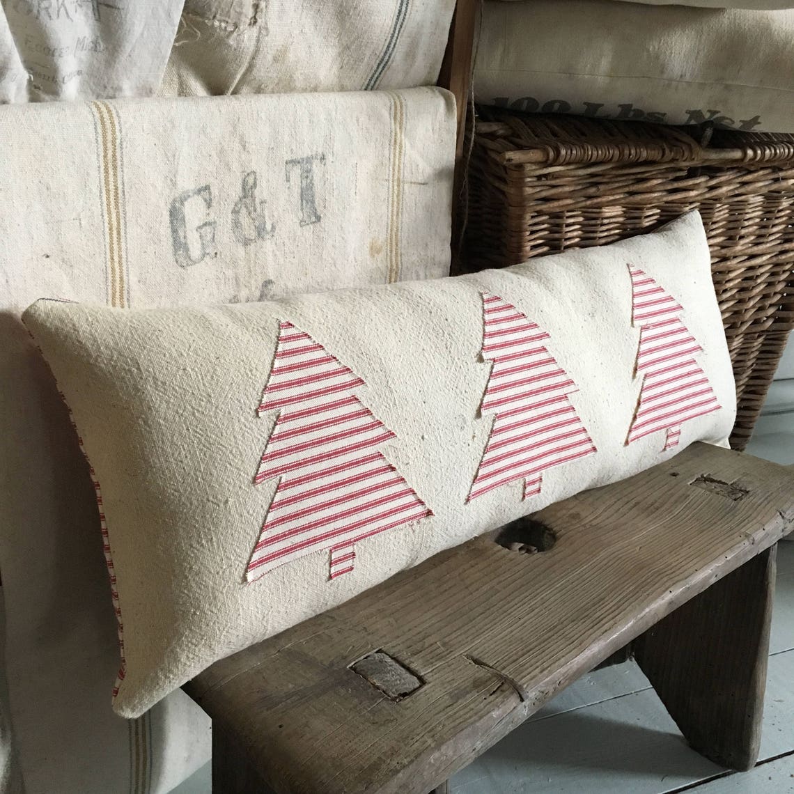 Farmhouse Christmas Pillow/ Vintage grain sack pillow/ bolster Etsy