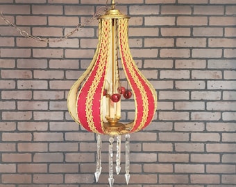 Retro Teardrop Gothic Red Velvet With Lucite Balls and Crystals Swag Chain Hanging Light Lamp