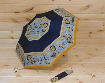 Vintage Art Deco Flower Yellow, Navy and White Umbrella with Metal Handle and Cover