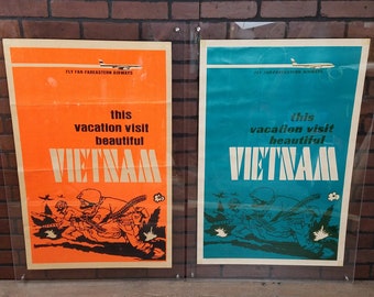 1966 Pandora Production Fly Far- Fareastern Airlines Vietnam Soldier Posters Orange and Blue  34 7/8"x23"