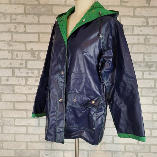 Vintage Green and Navy Rain Jacket/Coat Size Large L with Umbrellas