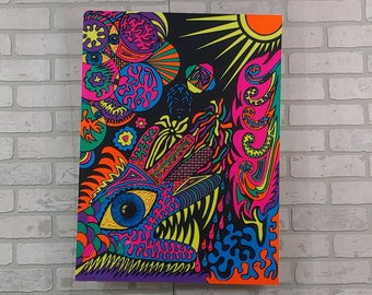 1970s Vintage Blacklight Poster Psychedelic Collage Hand Eye 1970's Pin-up Rainbow WC #101