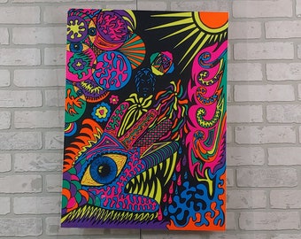 1970s Vintage Blacklight Poster Psychedelic Collage Hand Eye 1970's Pin-up Rainbow WC #101