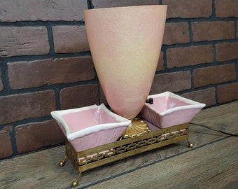 Mid Century MCM Pink Ceramic Lamp with Fiberglass Shade and Side Dishes/Planters