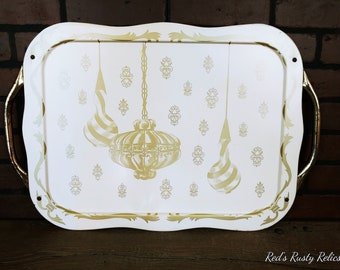 Vintage White and Gold Ornament Lap/Serving Tray 25"x17"