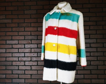 Vintage 1960s Authentic Wool Stripe Hudson Bay Point Blanket Coat Size Large/Extra Large