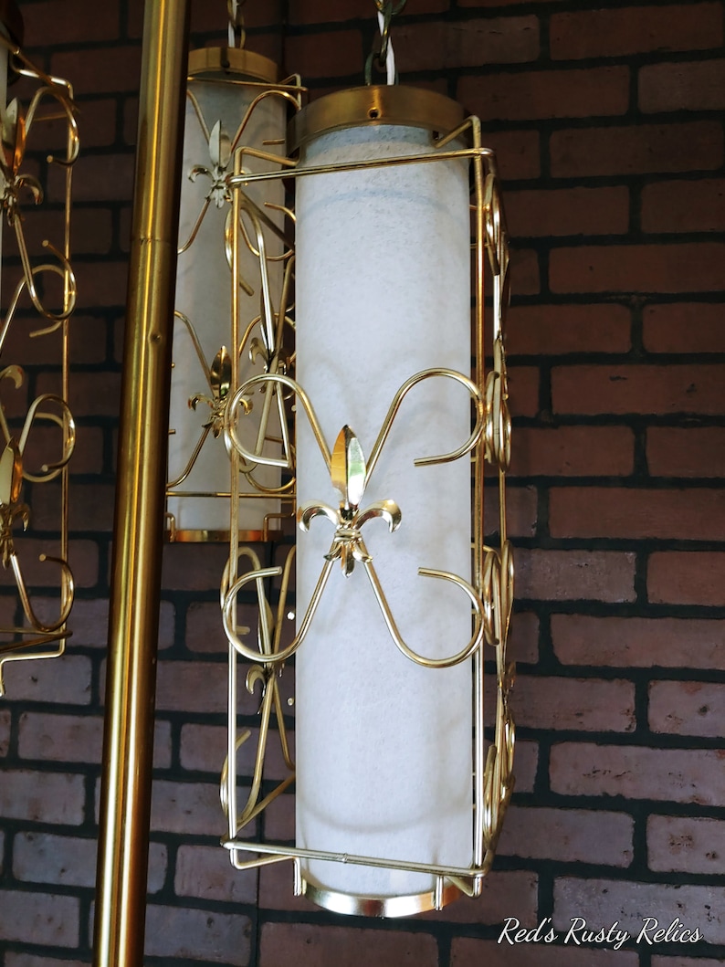 Retro Brass 3 Chain Hanging Fleur de Lis Lantern Tension Pole Lamp image 5