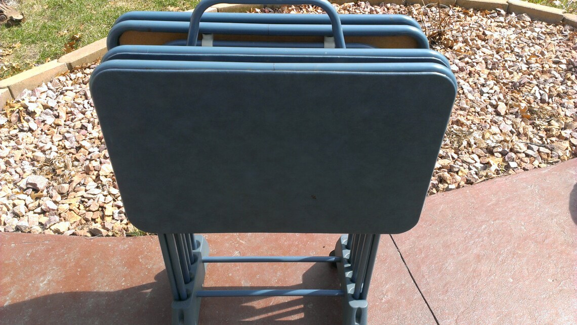 Cosco Blue Metal Vinyl TV Trays Table Set of 4 w/ Wheeled Etsy