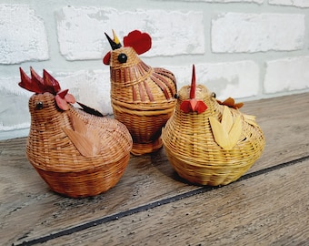 Set of 3 Vintage Chicken Miniature Basket Containers