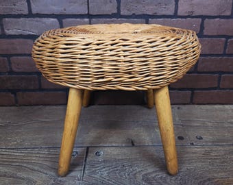 Vintage Tony Paul Style Round Wicker Rattan Three Legged Stool