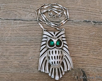 Retro Mid Century J.J. Silver with Green Eye Owl Necklace