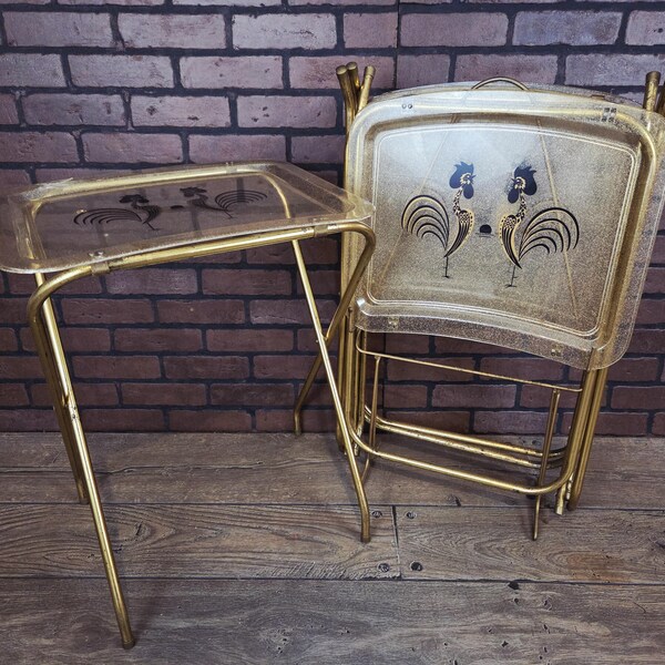 Mid Century Crestline Rooster Clear See Thru Set of 4 TV Trays Storage Rack