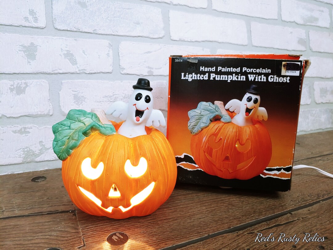 Vintage Ceramic Halloween Pumpkin Jack O Lantern With Ghost From Fabri ...