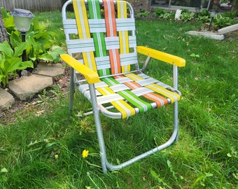 Mid Century Vintage Child Size Yellow, Green, Orange and White Webbed and Aluminum Folding Garden/Lawn Lounge Chair