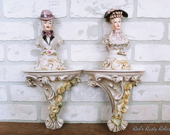 Vintage Cordey Man and Woman Figurine Ceramic Wall Shelf Sconces