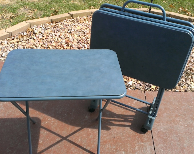 Cosco Blue Metal Vinyl TV Trays Table Set of 4 W/ Wheeled Stand Etsy