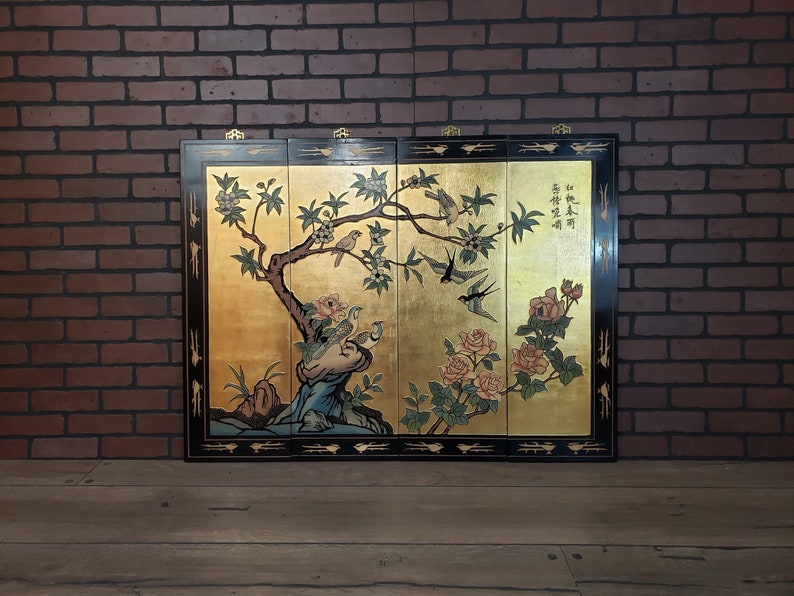 Large Stunning Black Lacquer And Gold Coromandel Asian Wall Panels Plaques With Flower Bird Motif Made In Macau China