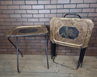 Set of 4 Black and Gold Metal Roman Soldier and Horse TV Trays with Storage Rack