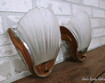 Art Deco Pair of Slip Shade Lighted Wall Sconces