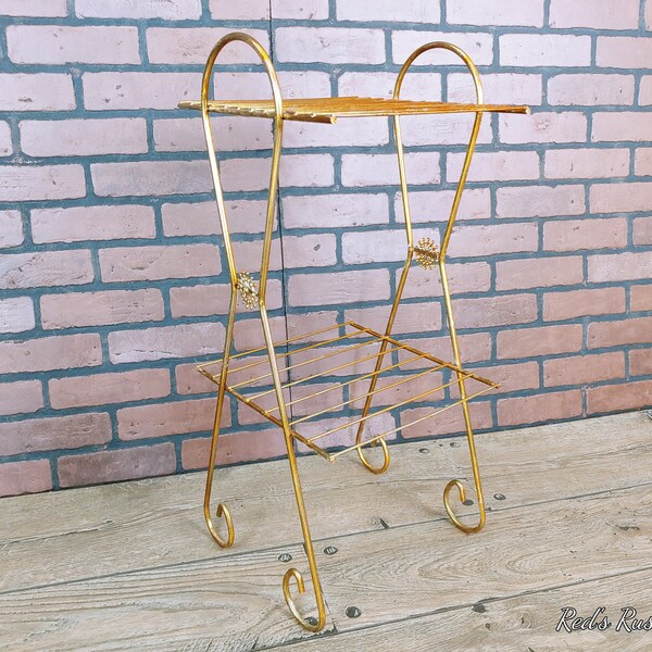 Two Tier Level Atomic Gold Wire Plant Record Player Stand Rack Shelf with Starburst Detail
