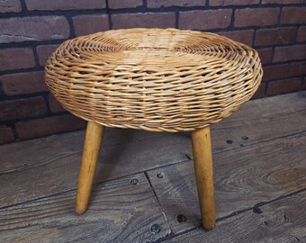 Vintage Tony Paul Style Oval Wicker Rattan Three Legged Stool