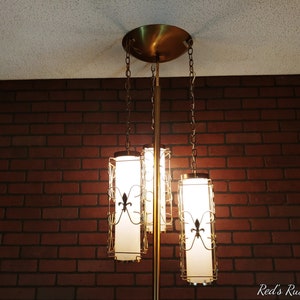 Retro Brass 3 Chain Hanging Fleur de Lis Lantern Tension Pole Lamp image 1