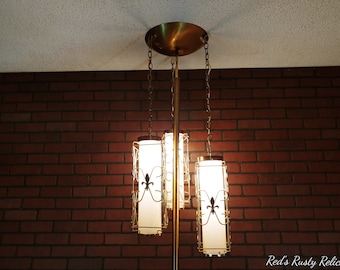 Retro Brass 3 Chain Hanging Fleur de Lis Lantern Tension Pole Lamp