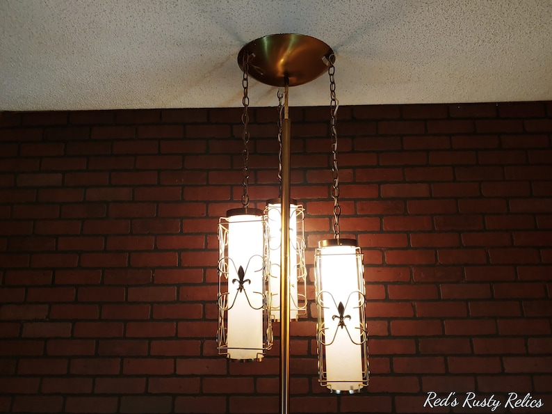 Retro Brass 3 Chain Hanging Fleur de Lis Lantern Tension Pole Lamp image 1