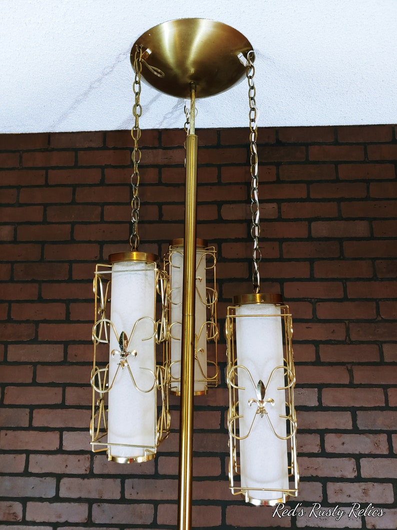 Retro Brass 3 Chain Hanging Fleur de Lis Lantern Tension Pole Lamp image 3